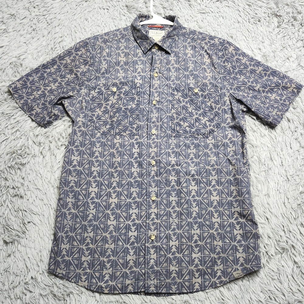 LL Bean Shirt Mens Small Reg Short Sleeve Button Down Aztec Print Organic Cotton
